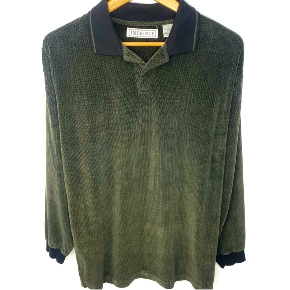 Vintage Other - Vintage Imprints Men’s Dark Green & Black Velour Long Sleeve Polo Shirt Medium